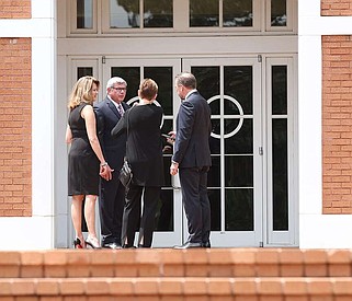 Mourners arrive for the funeral of former senator and Arkansas governor David Pryor at the Second Presbyterian Church in Little Rock on Saturday, April 27, 2024. (Arkansas Democrat-Gazette/Colin Murphey)